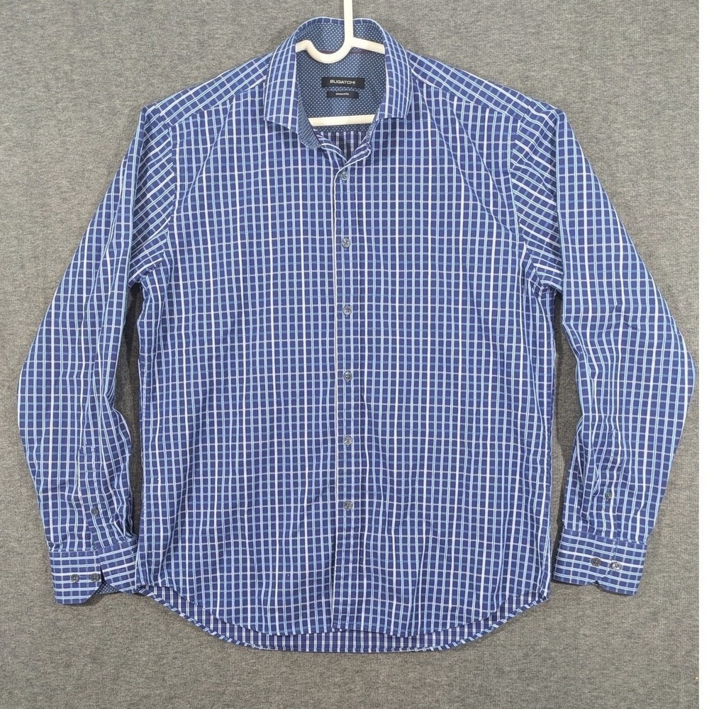 Bugatchi Mens Blue White Grid Long Sleeve Button Down Shaped Fit Cotton Shirt L